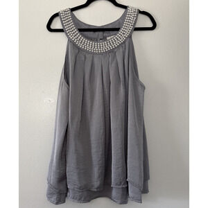 Adiva Sleeveless Top 2X Plus Pearls Gray Embellished Flowy Classy Dressy